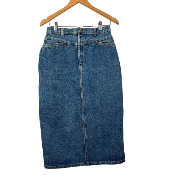 Vintage Dresses & Skirts - Vintage A'Milano 1980s Jean Midi Skirt Yoked Back Waist SZ 7/8 Fitted